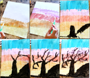 silhouette tree art projects for kids, this went with the poem "Trees are the Kindest Things I Know" by Harry Behn