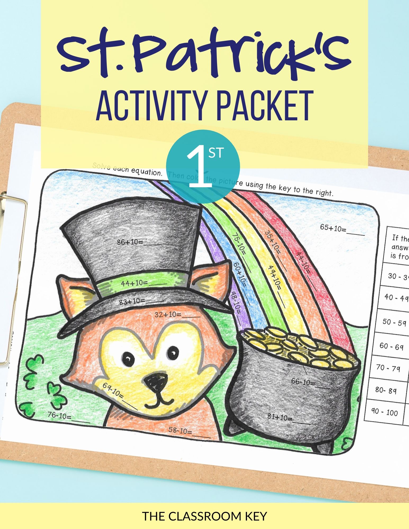 No prep St. Patrick's day activity packet for 1st grade includes reading, writing, and math practice