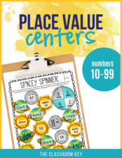 Teach place value the fun way with math center activities. These games focus on the numbers 10-99, perfect for 1st grade. Skills include tens and ones, base-10 models, expanded form, number words, and decomposing numbers. Common Core skills addressed are 1.NBT.B.2, 1.NBT.B.2.A, 1.NBT.B.2.B, 1.NBT.B.2.C